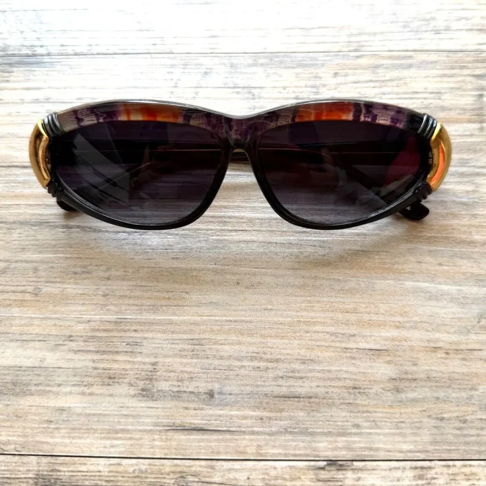 Vintage 80s Sunglasses Black Brown Tortoise Gold Red Accent Retro Glam